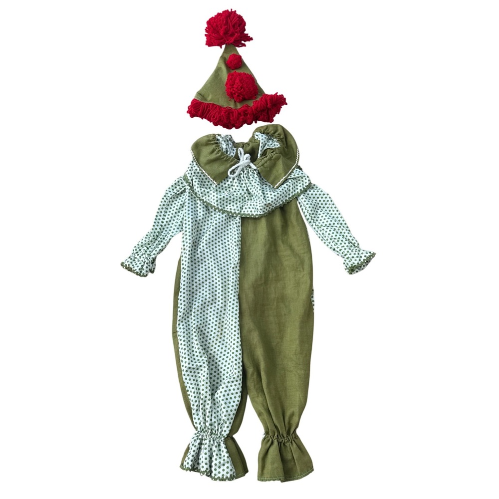 Vintage 70s Childrens Clown Costume Green Polka Dot Pom Pom Hat Circus 40in